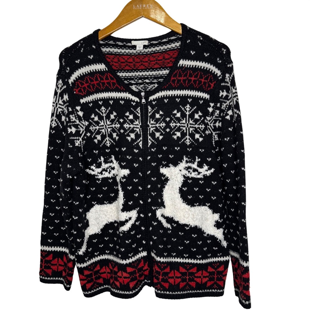 J.โ Jill Reindeer Holiday Cardigan Zip Front Medium